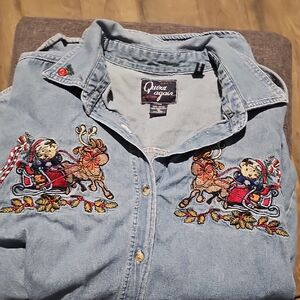 Quizz Again Jean Shirt Blue Denim Embroidered Bear Holidays Xlarge Christmas